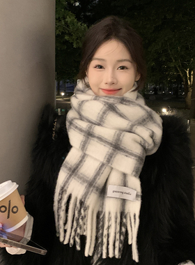 清冷白色围巾女冬季2025新款高级感格子仿羊绒围脖男长款保暖披肩