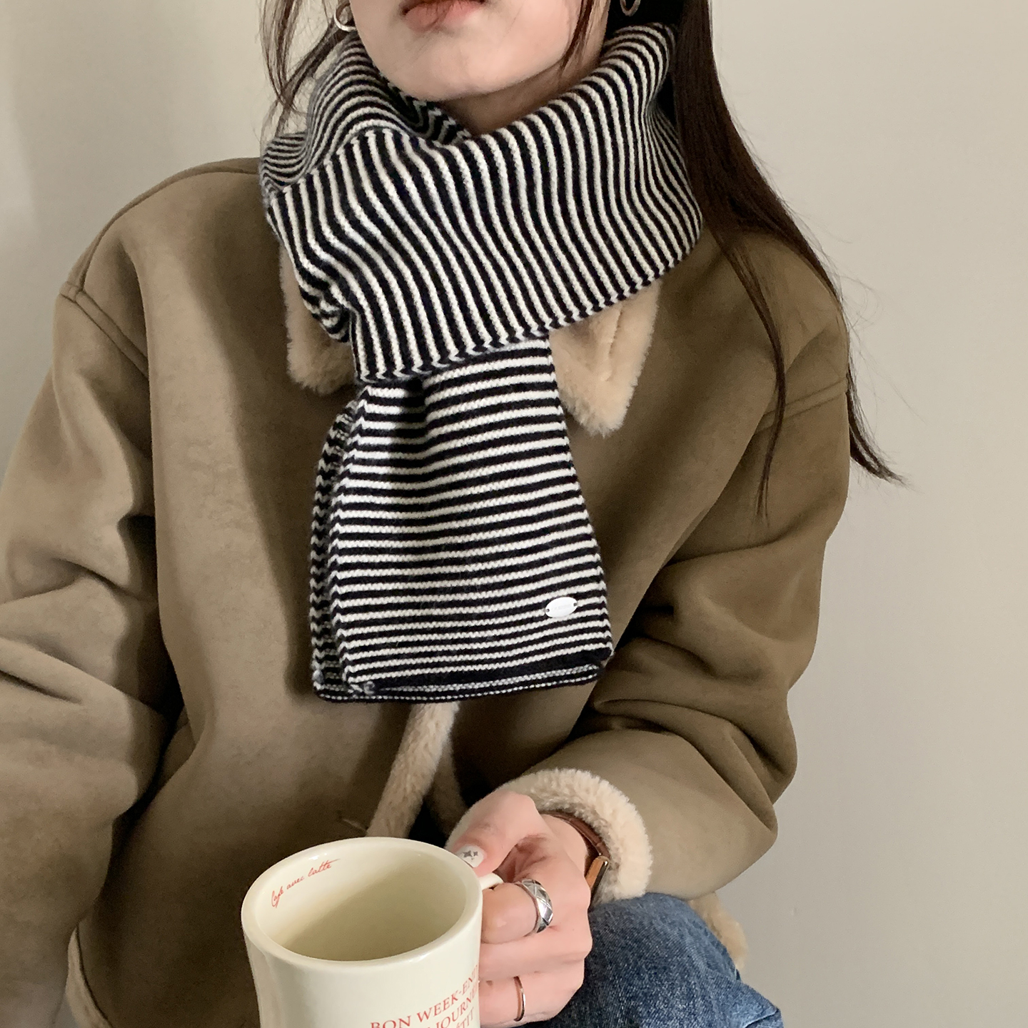 韩国订单~经典条纹针织小围巾女冬季100%羊毛短款毛线保暖小围脖