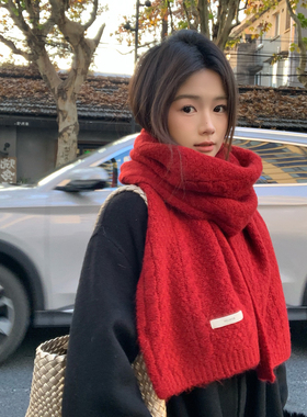 鬼怪红色围巾女冬季2025新款马年新年氛围感加厚针织毛线保暖围脖