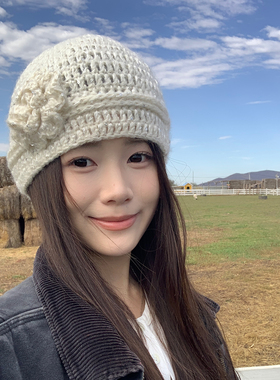 ins同款手工花朵针织帽子女秋冬时髦白色花朵毛线帽细闪编织冷帽