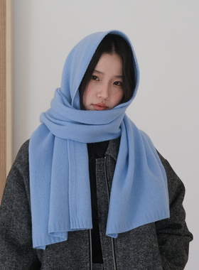 自制款~天空蓝色100%羊毛围巾女冬季加宽长款针织围脖披肩两用男