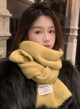 韩版ins暖黄色针织围巾女冬季可爱贴布毛线围脖保暖学生防寒护颈
