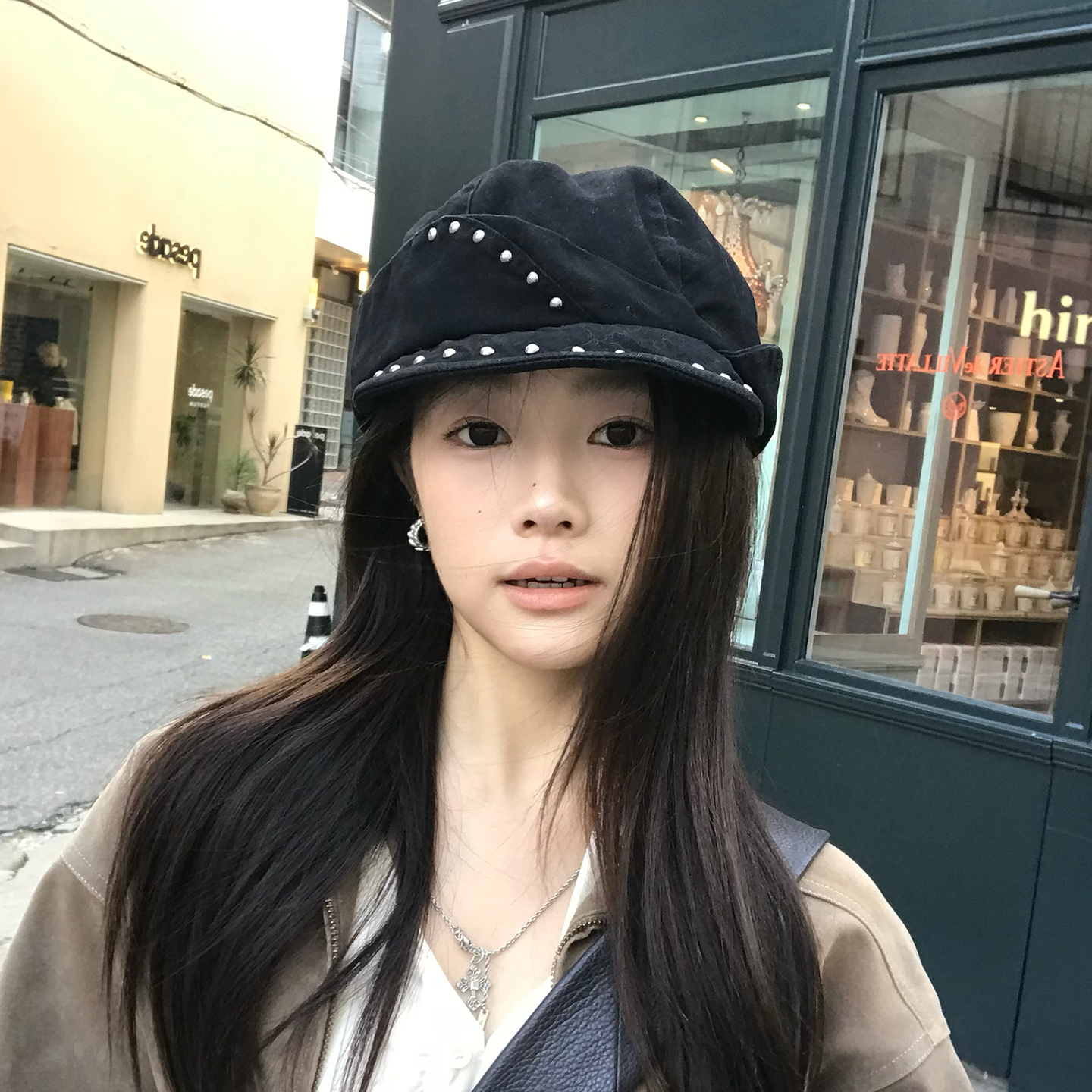 小众时尚铆钉报童帽女秋季画家帽