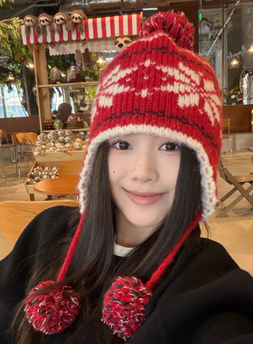 新年红色雪花针织帽子女冬季费尔岛保暖雷锋帽户外防寒护耳毛线帽