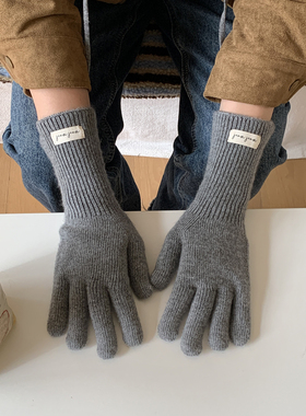 简约经典灰色长款针织手套女冬季2025新款百搭分指挂脖手套可触屏