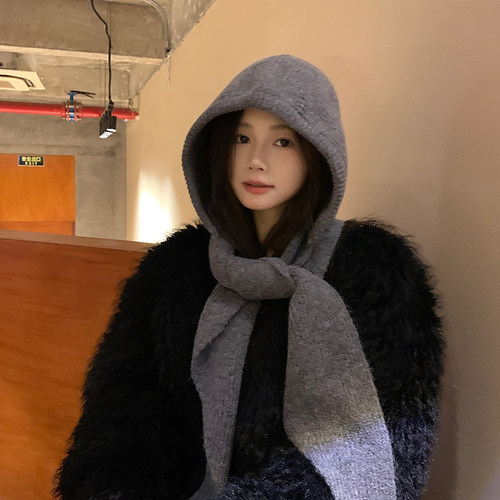 韩版帽子围巾一体女冬针织毛线帽