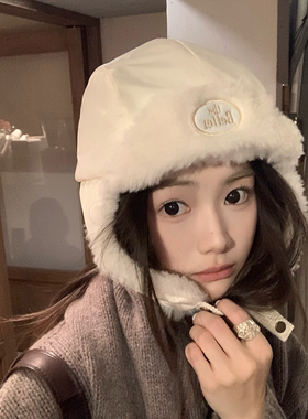 白色东北雷锋帽女冬季防风护耳飞行帽加厚百搭毛绒帽防寒滑雪帽子