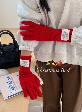 韩国订单~新年红色针织手套女冬季2025新款长筒骑行手套可触屏男