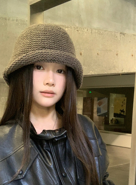 日本小众设计卷边针织渔夫帽子女秋冬时尚复古小礼帽百搭水桶盆帽
