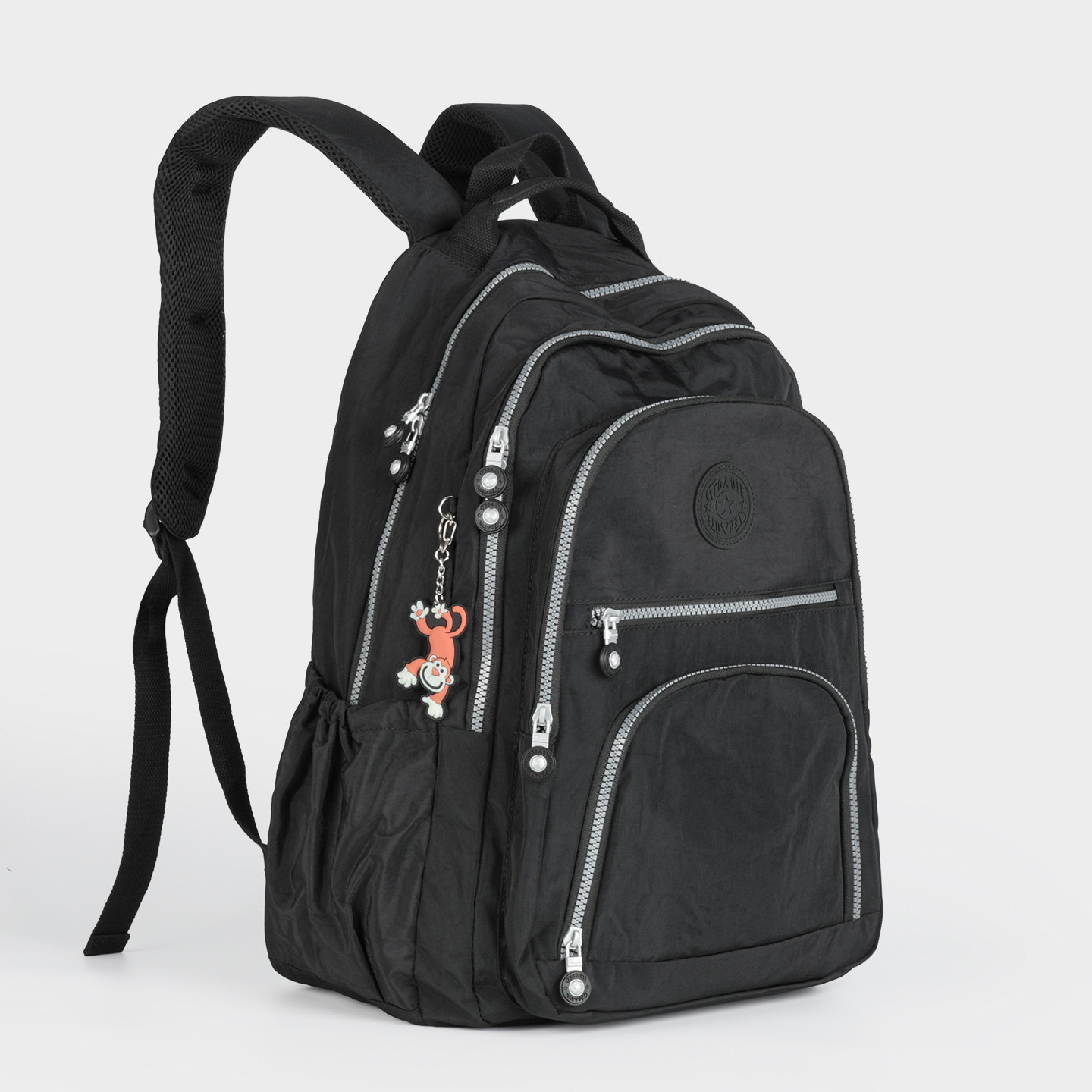 欧美时尚黑色尼龙双肩包男女学生书包大容量多口袋休闲旅行背包