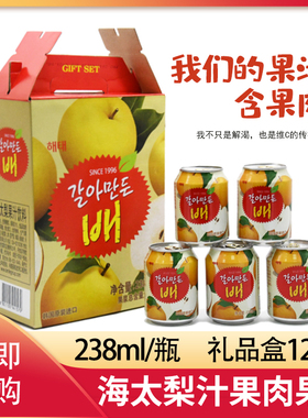 原装韩国进口海太梨汁果汁饮料整箱果味果肉果粒238mlX12罐礼盒装