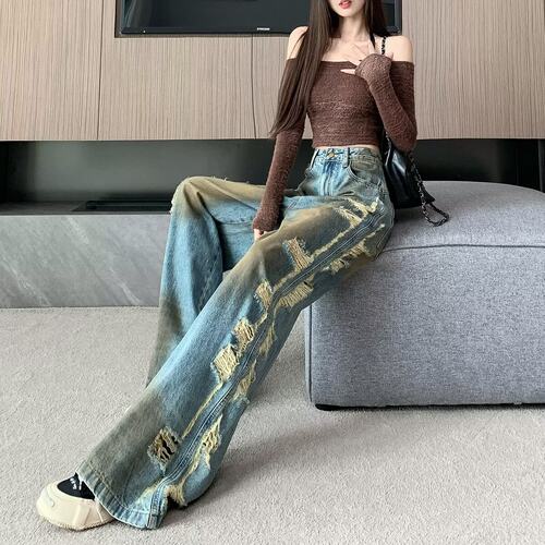 美式复古破洞牛仔裤女新款
