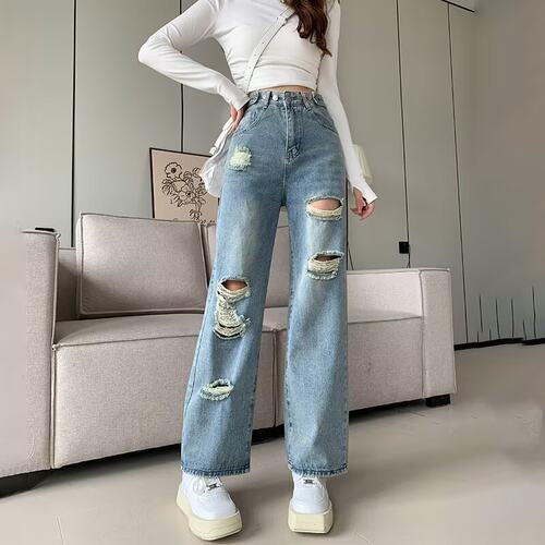 破洞直筒牛仔裤女薄款多扣设计感