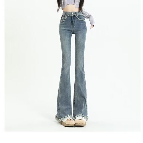 设计感显瘦毛边流苏微喇牛仔裤女