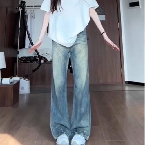 美式复古阔腿牛仔裤女春秋