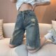 女夏季 大码 胖MM新款 五分牛仔短裤 高腰显瘦a字5分破洞直筒中裤 子潮