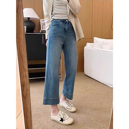 蓝色九分直筒牛仔裤女秋季新款