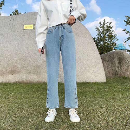 开叉高腰浅色直筒牛仔裤女
