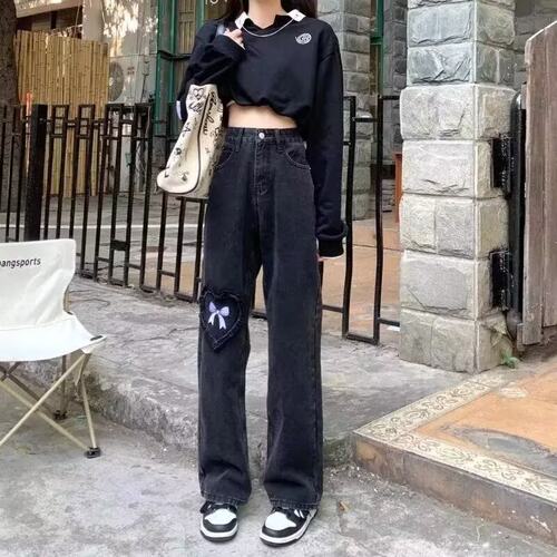 黑色爱心牛仔裤女小个子春夏