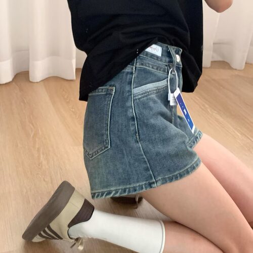 设计感高腰复古蓝牛仔短裤女夏