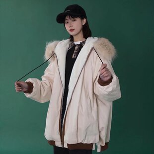 2021冬季棉服女设计感小众可拆卸韩版宽松大毛领连帽加厚棉衣外套