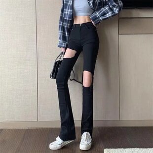 2022年新款破洞高腰显瘦牛仔裤女弹力紧身黑色百搭铅笔裤小脚长裤