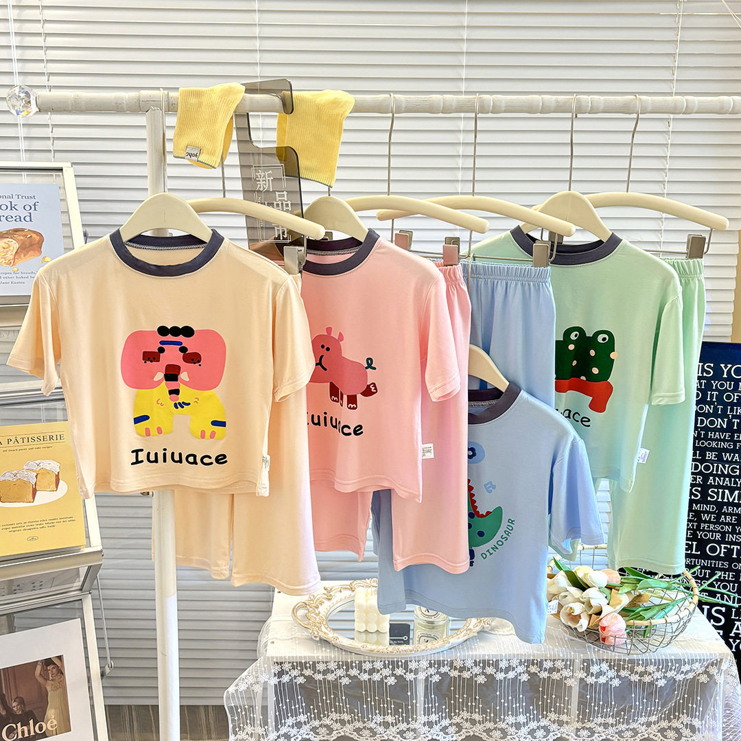 儿童夏季睡衣女宝宝短袖长裤男童薄款家居服套装莫代尔卡通空调服