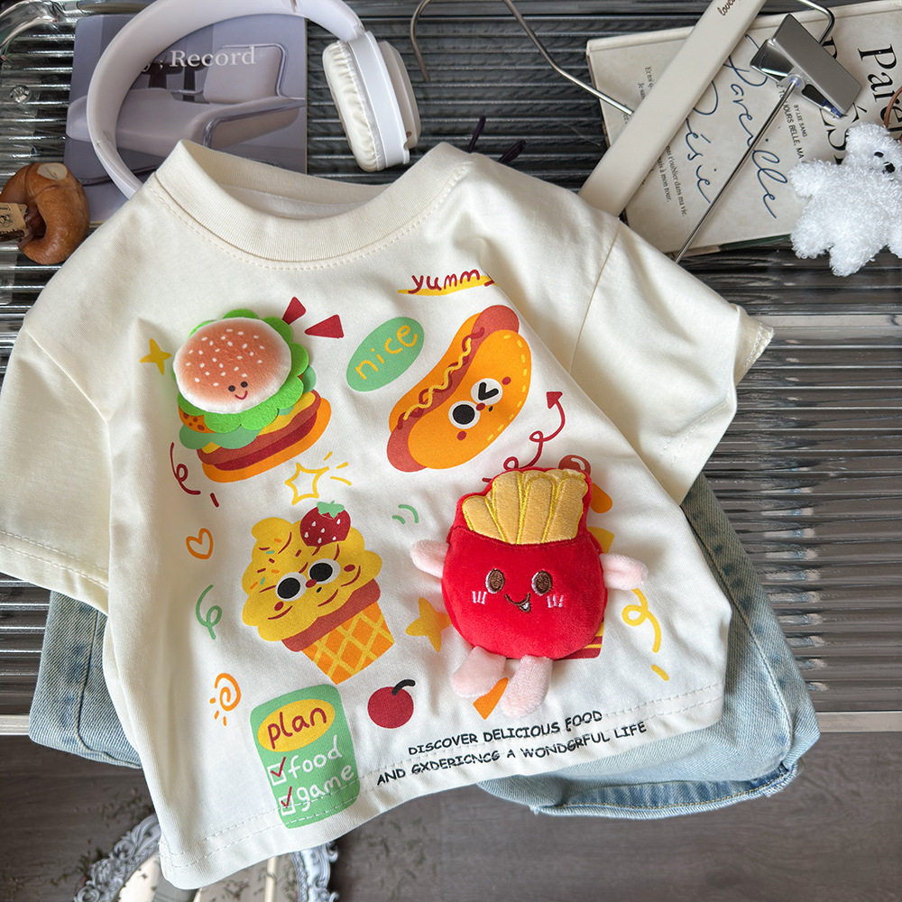 2026夏季新款儿童短袖T恤半袖男女童立体竖条汉堡打底衫纯棉上衣