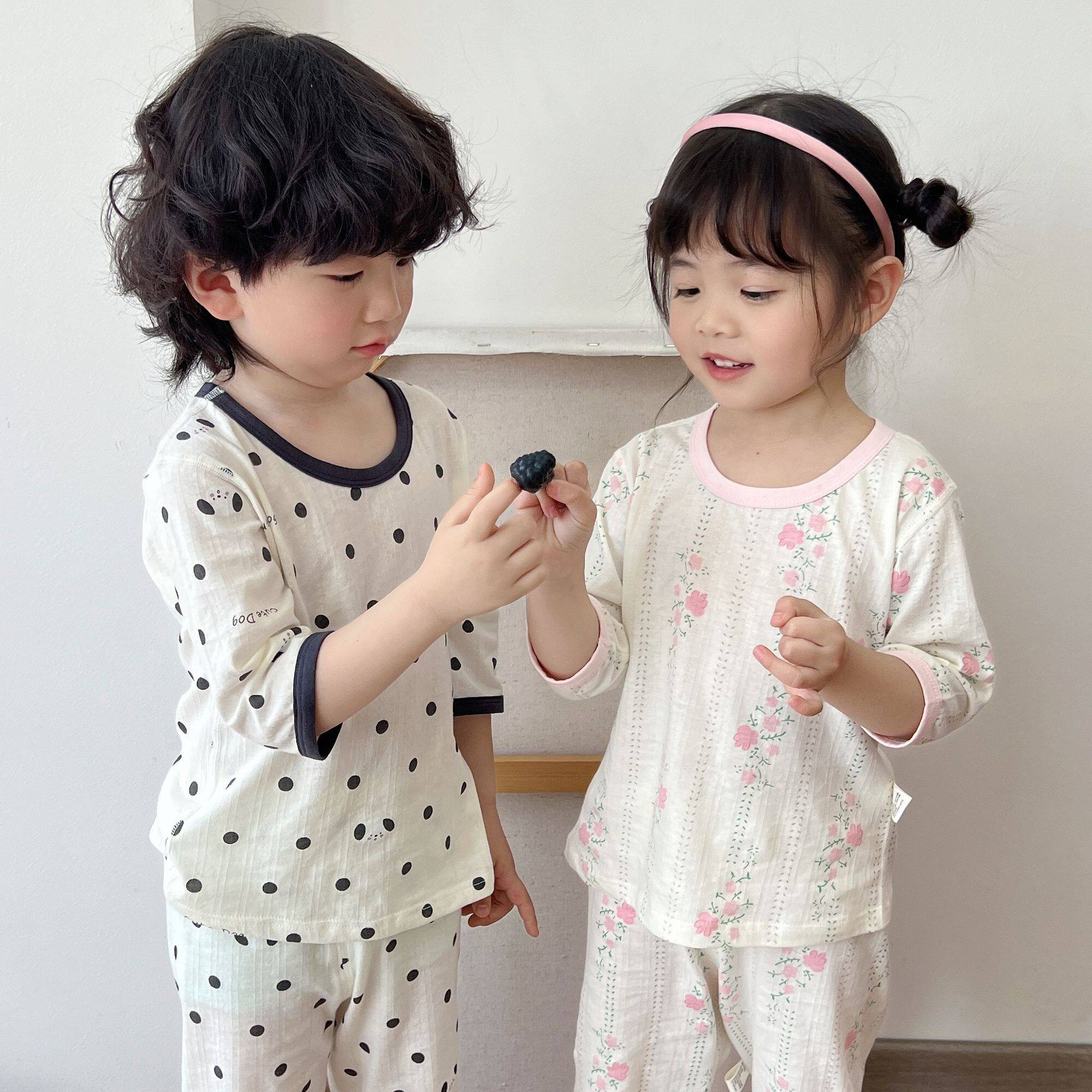 夏季儿童纯棉睡衣无骨薄款家居服男女童夏沐棉空调服7分袖套装