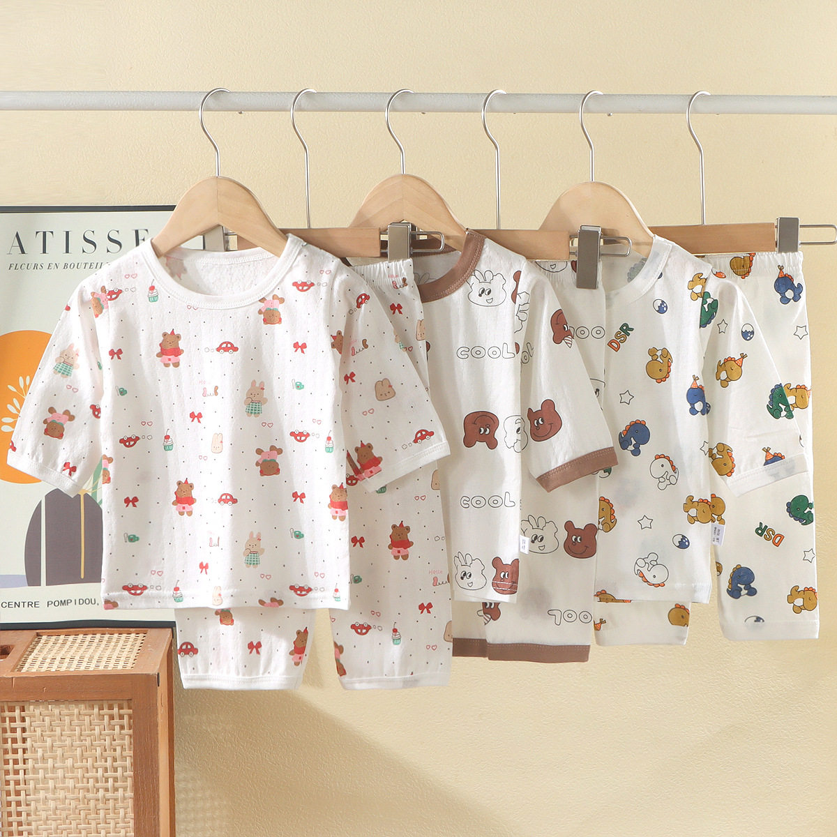 夏季空调服儿童家居服纯棉a类男童女童睡衣宝宝七分裤提花童套装