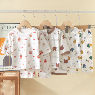 夏季空调服儿童家居服纯棉a类男童女童睡衣宝宝七分裤提花童套装
