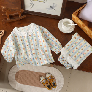 长裤 宝宝九分袖 吸汗空调服 儿童棉纱家居服中小童全棉睡衣套装 四季