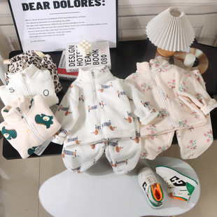 秋冬儿童家居服套装男女宝宝双面加绒加厚睡衣外套加保暖两件套