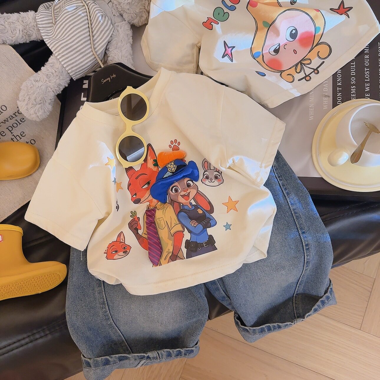 2026春夏新款儿童纯棉短袖T恤玩偶可爱上衣男童女童卡通圆领半袖