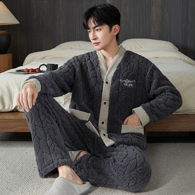 秋冬款睡衣男士珊瑚绒加绒加厚保暖冬季家居服男款冬天套装可外穿
