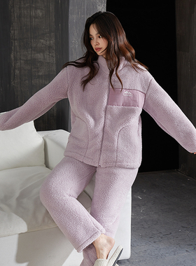 冬季款珊瑚绒加厚加绒保暖立领睡衣拉链雪山标紫色女可外穿家居服