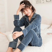 薄绒大码 宽松家居服套装 韩版 简约可外穿金丝绒睡衣女春秋冬天长袖