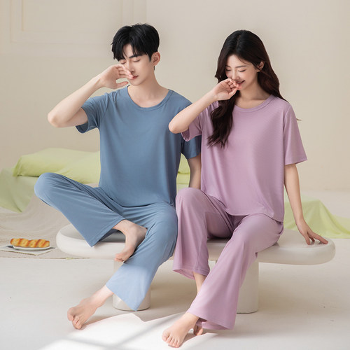 情侣短袖套头睡衣冰丝可外穿2026春夏薄款夏季家居服女空调服男