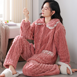 冬天 套装 秋冬季 珊瑚绒睡衣女加绒加厚蕾丝绣花气质保暖家居服冬款