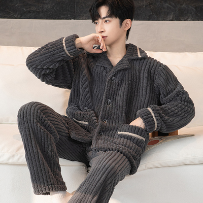 新款男士珊瑚绒睡衣秋冬季加绒加厚保暖冬天大码冬款家居服套装