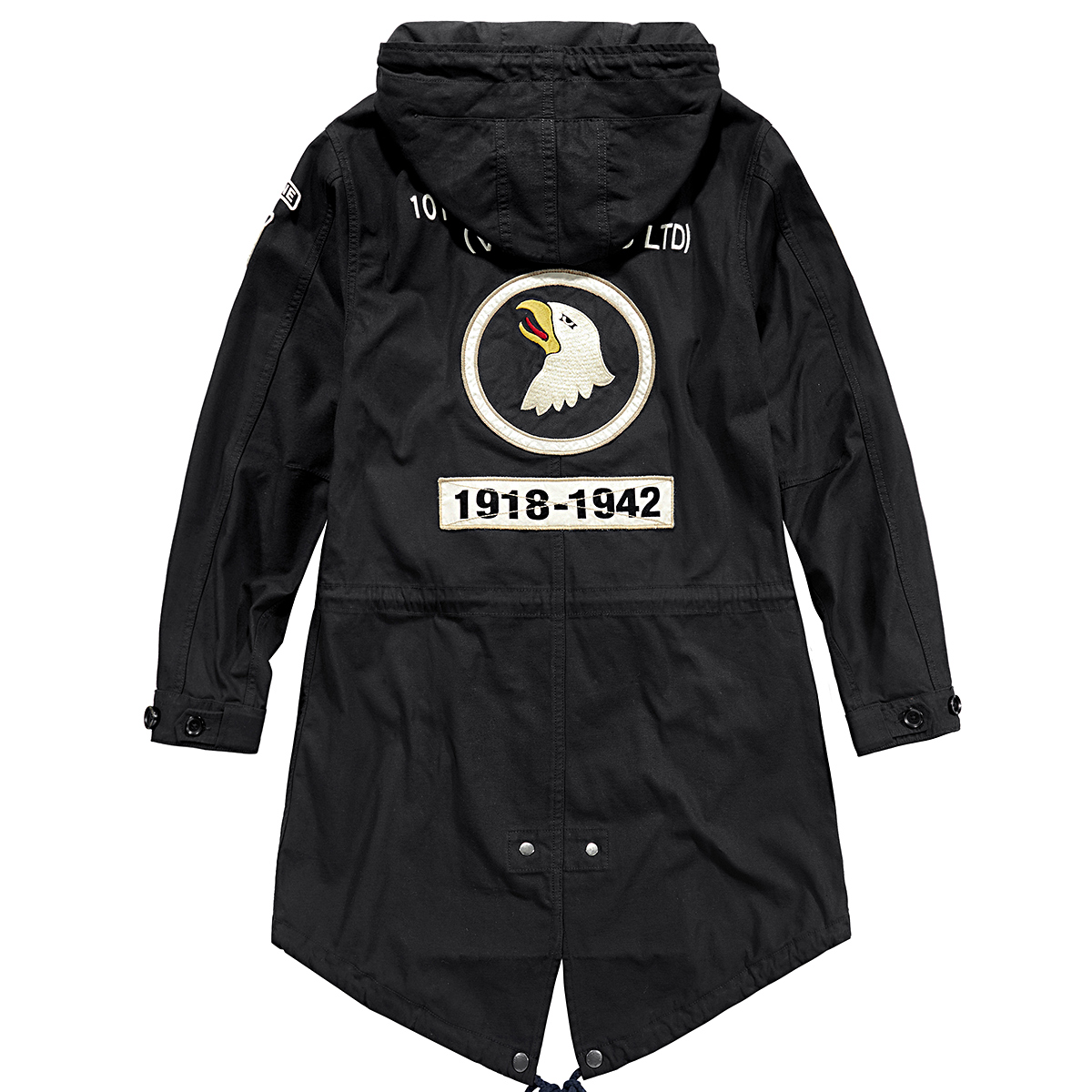 复古工装刺绣中长款连帽风衣外套