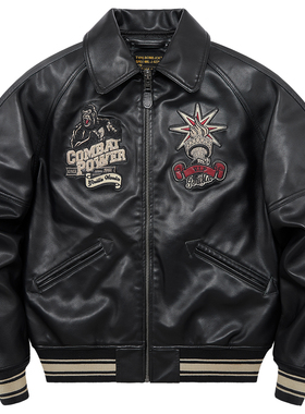 VIP美式复古皮衣棉服男冬季加厚翻领机车夹克刺绣棒球服棉衣外套