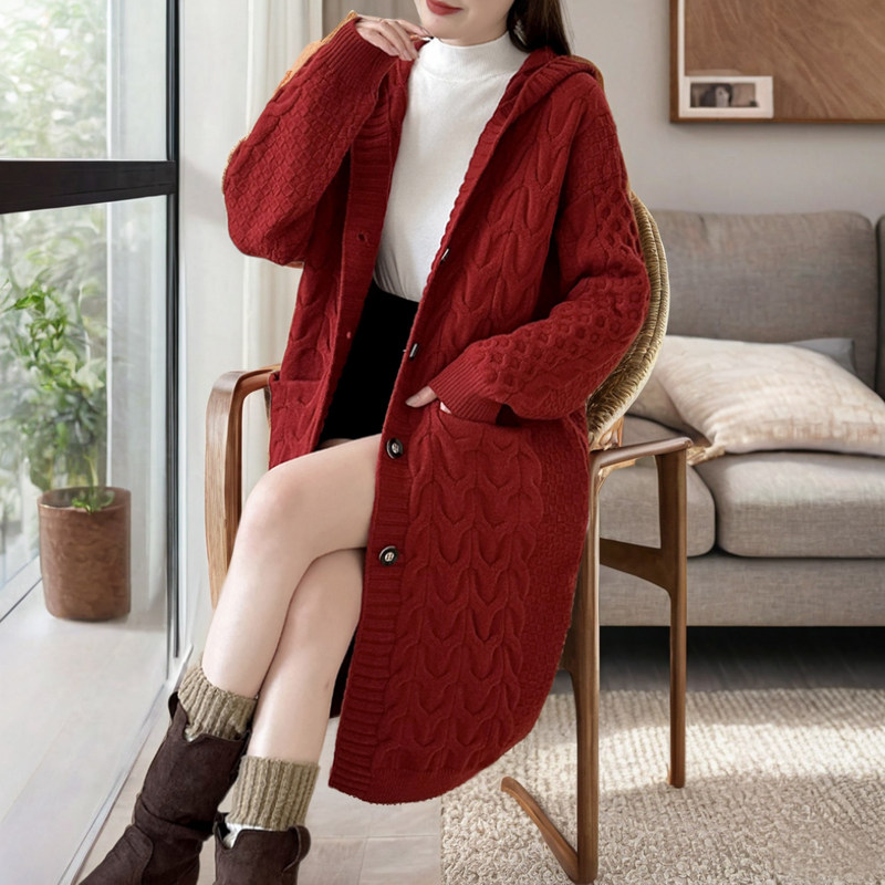 本命年粗线麻花毛衣外套开衫女中长款加厚带帽大衣慵懒风秋冬红色