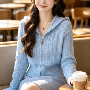 拉链短款连帽毛衣外套女开衫针织上衣加厚秋冬外穿高腰小个子学生