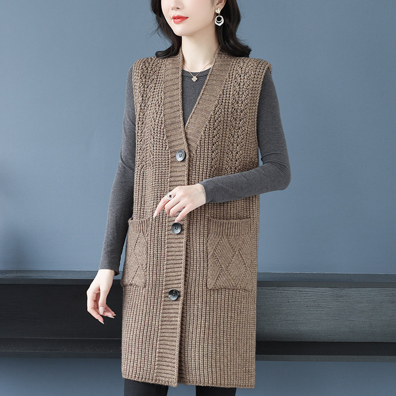 中年妈妈款羊毛衫毛衣马甲女士中长款针织开衫外搭披肩无袖宽松厚