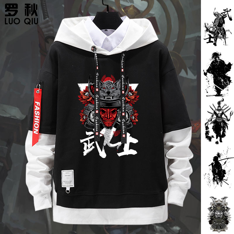 日系武士浪人假两件连帽卫衣薄款男女学生拼接加绒外套带帽衫衣服