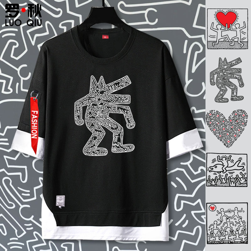 凯斯哈林keith haring联名涂鸦大师艺术短袖t恤衫男士五分袖衣服