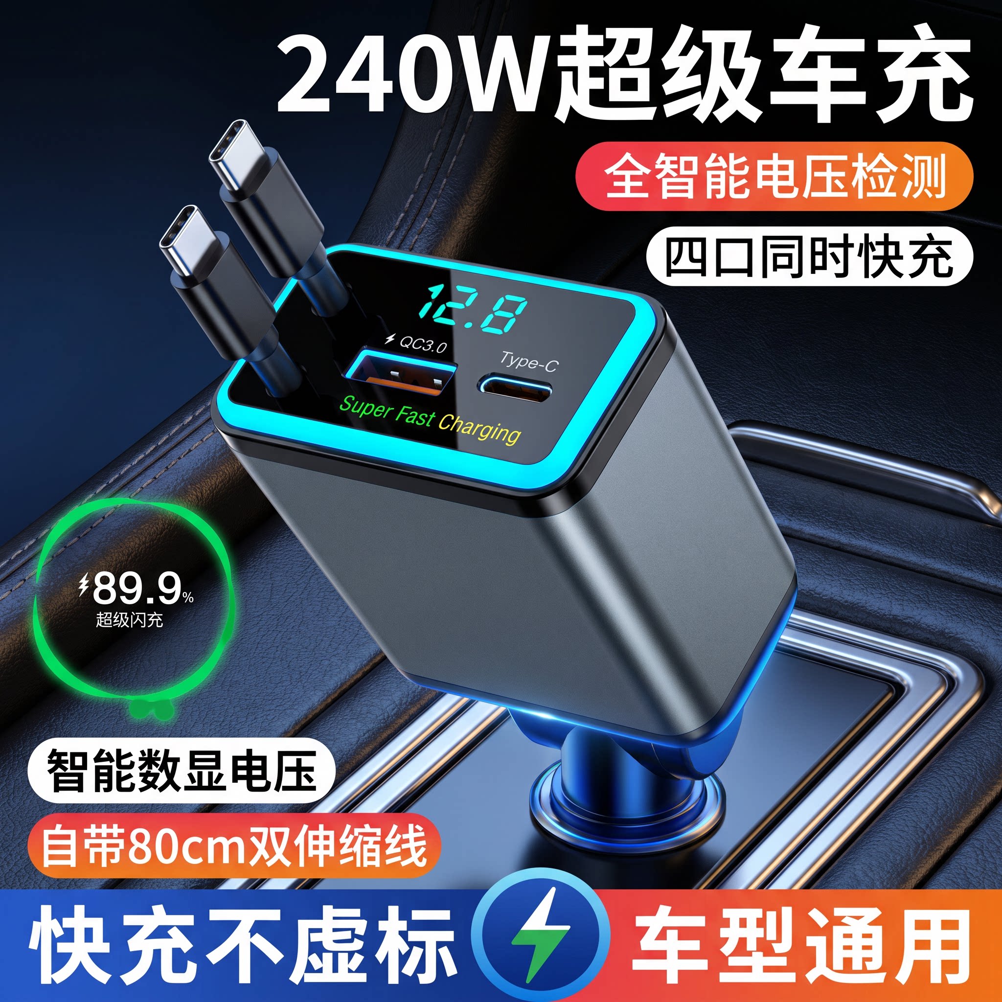 车载点烟器一拖四超级快充伸缩线