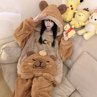 珊瑚绒睡衣秋冬款女加厚胖mm长袖加大码加肥200斤连帽家居服冬天