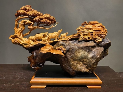 崖柏根雕摆件天然随形实木雕刻木雕五牛纳福公司酒店玄关工艺送礼